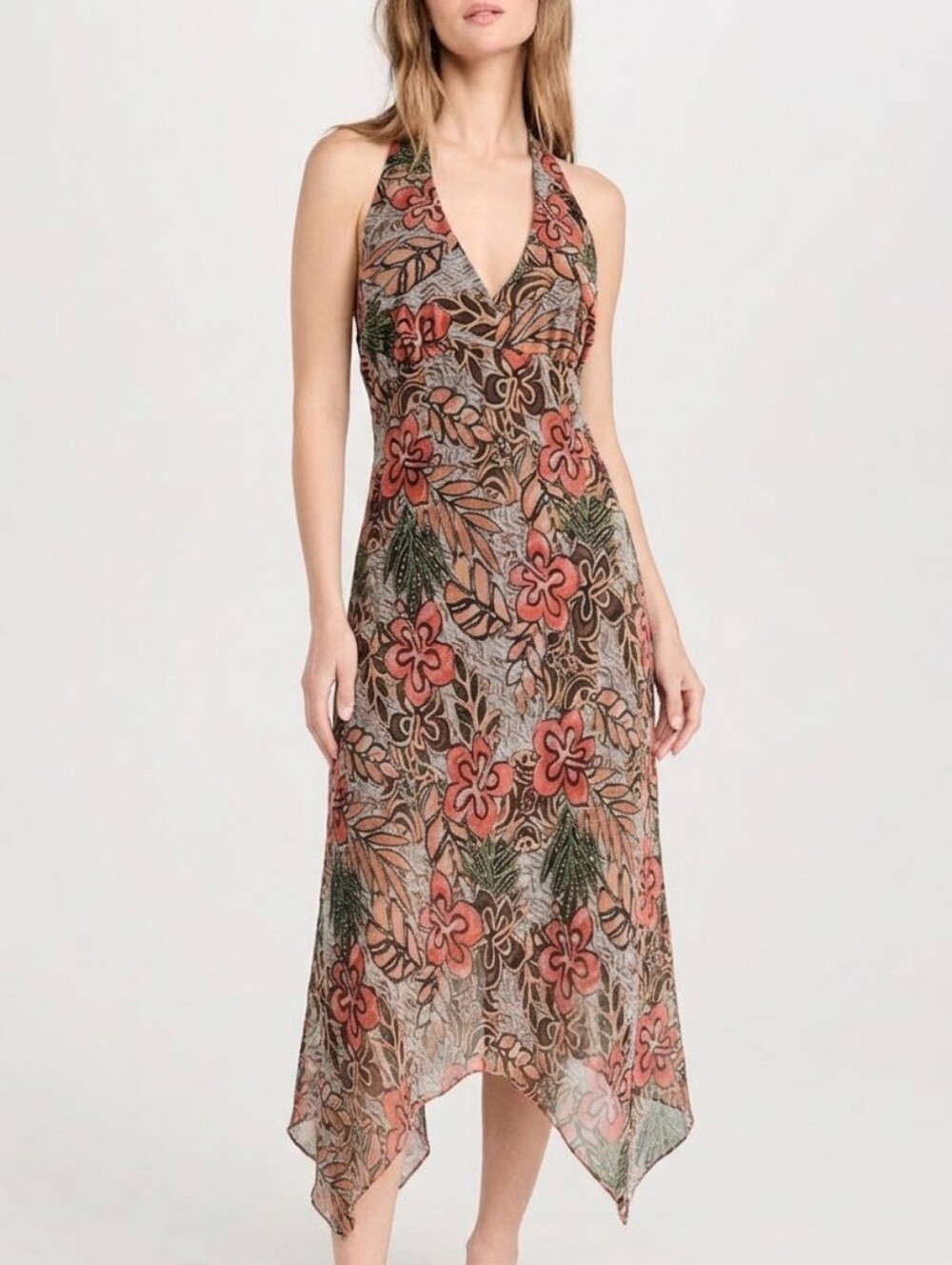 Algo Y2K Halter Midi Dress Vintage Asymmetrical Floral Coquette Tropical